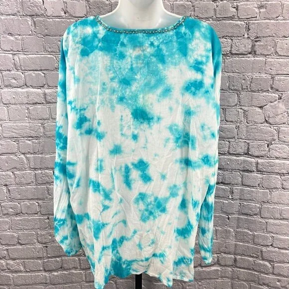 OSO Casuals Blue Tie Dye Tunic Stud Detail neck Size L - Picture 7 of 8